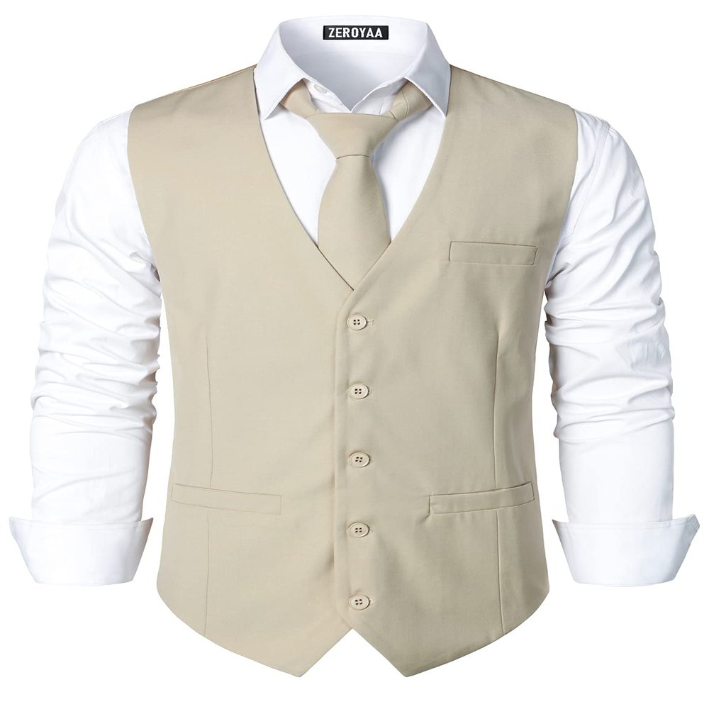 ZEROYAA Men's Hipster Urban Design 3 Pockets Business Formal Dress Vest for Suit Tuxedo ZLSV16 Beige Small
