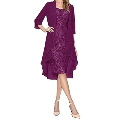 FOVIGUO Mother of The Bride Dress Short Evening Party Dress Lace Jacket Two Pieces Purple