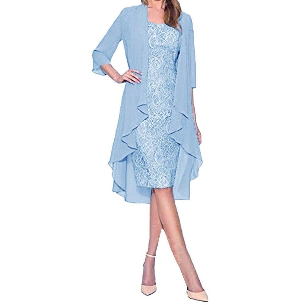 FOVIGUO Mother of The Bride Dress Short Evening Party Dress Lace Jacket Two Pieces Light Blue, X-Large