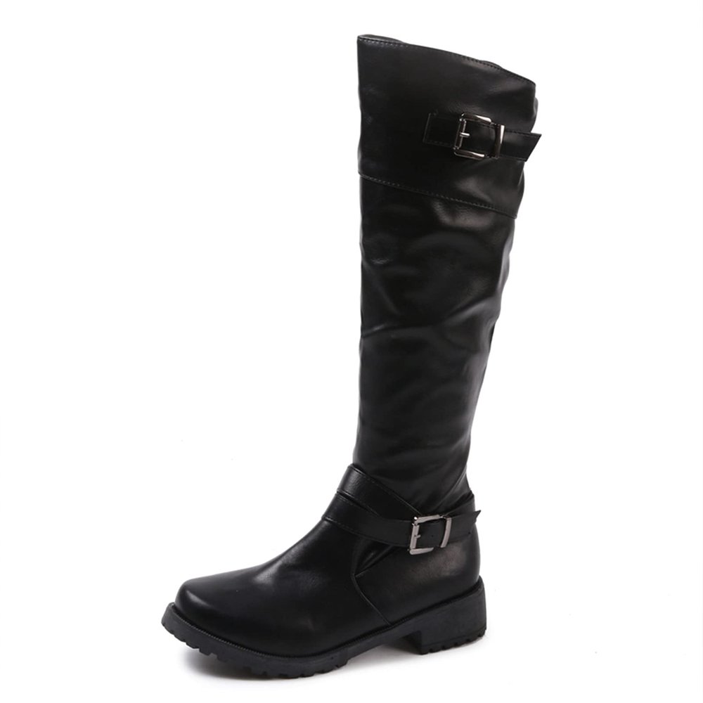 Bcshiye Women's Knee High Boots,Winter Warm Buckle Chunky Low Heel Riding Motorcycle Boots Wide Calf Winter Boots