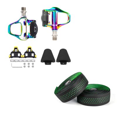 BESTYMXY Bike Pedals Road Bike Pedals+Cleat Set+Cleat Cover with Road Bike Handlebar Tapes(Green)