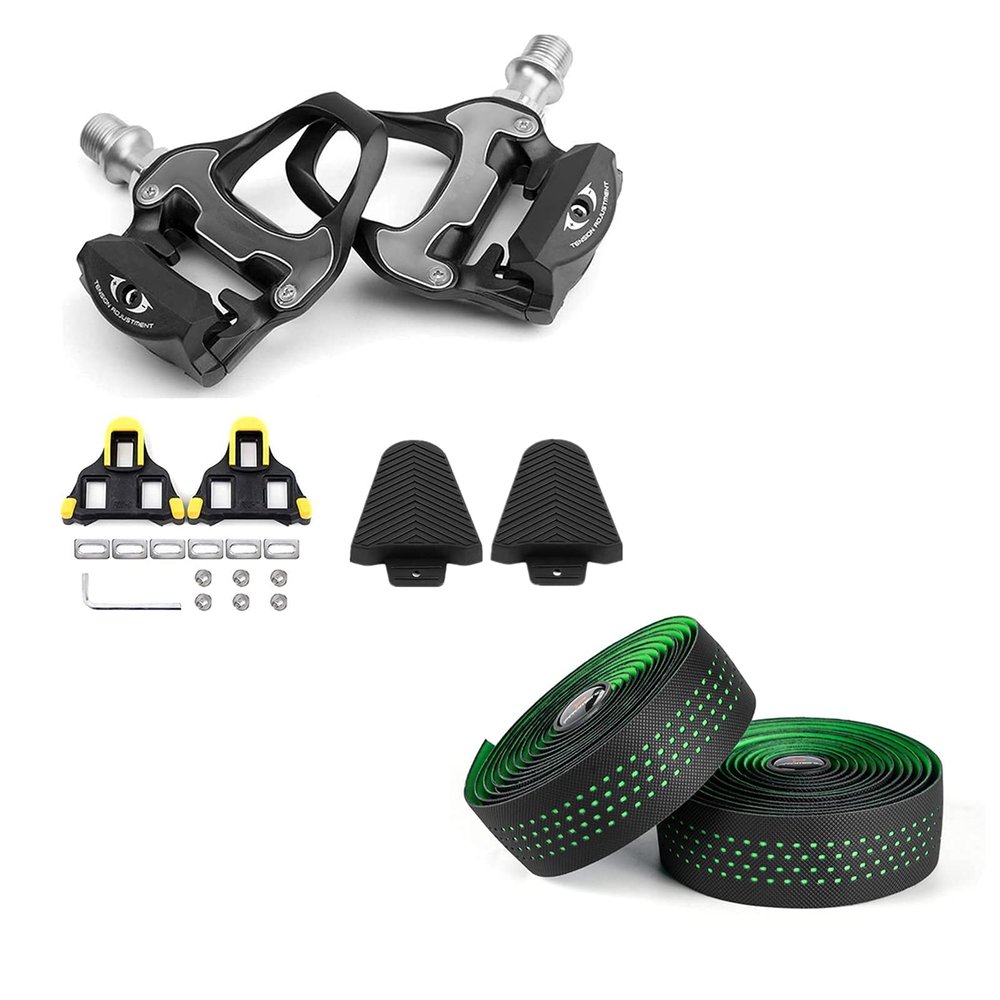 BESTYMXY Bike Pedals Ultralight Road Bike Pedals+Cleat Set+Cleat Cover with Road Bike Handlebar Tapes(Green)
