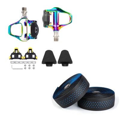 BESTYMXY Bike Pedals Road Bike Pedals+Cleat Set+Cleat Cover with Road Bike Handlebar Tapes(Blue)