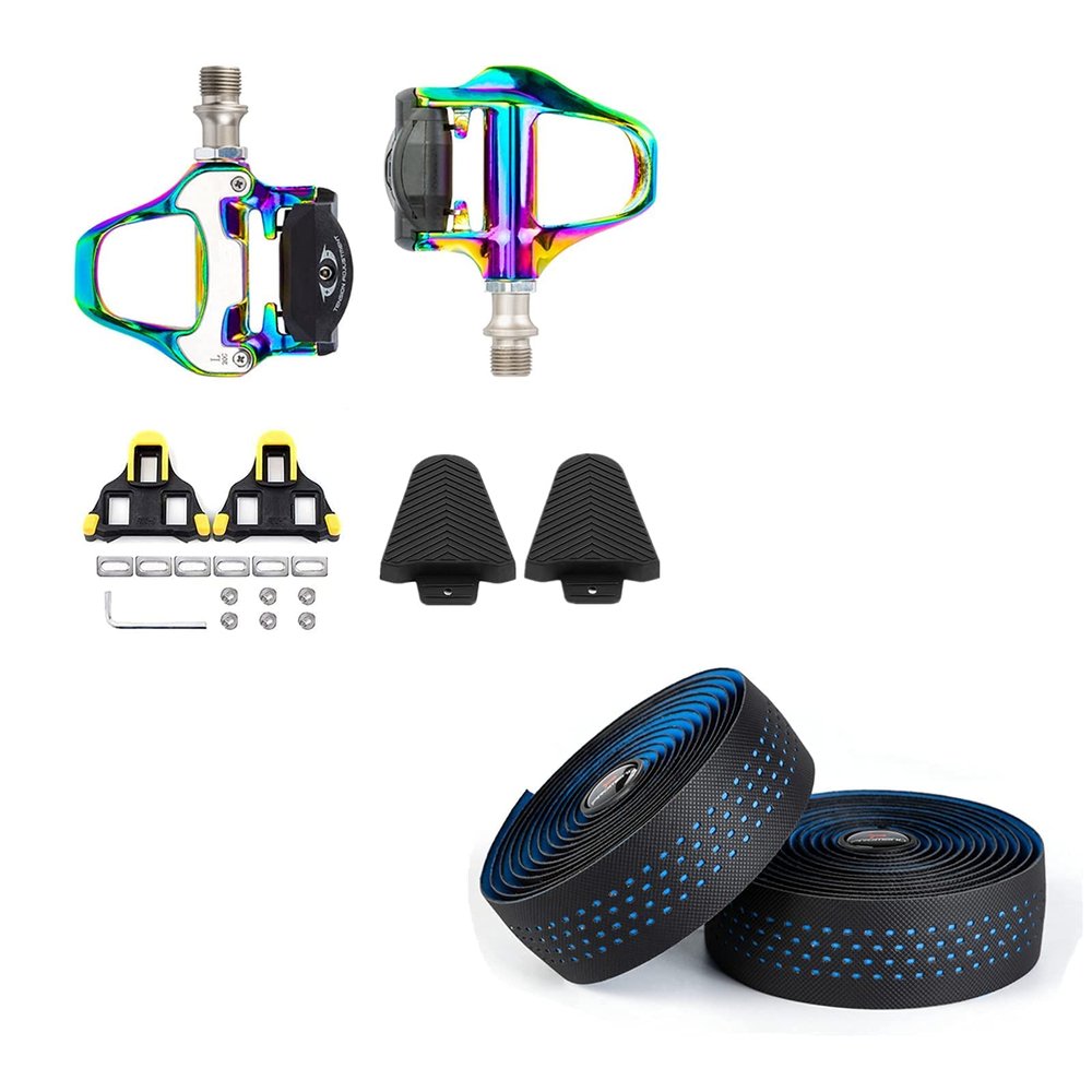 BESTYMXY Bike Pedals Road Bike Pedals+Cleat Set+Cleat Cover with Road Bike Handlebar Tapes(Blue)
