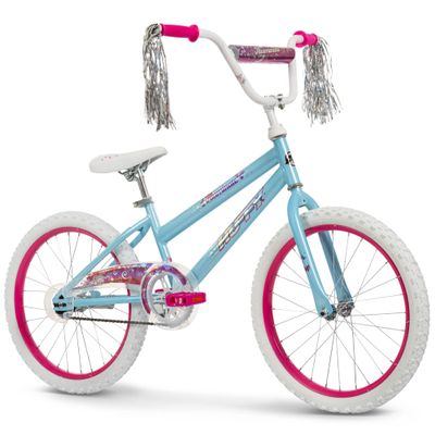 Huffy Illuminate 20 Girls Bike, Sky Blue Frame with Butterfly Graphics, Kickstand Included, Streamers and Chain Guard, White Tires and Pink Rims