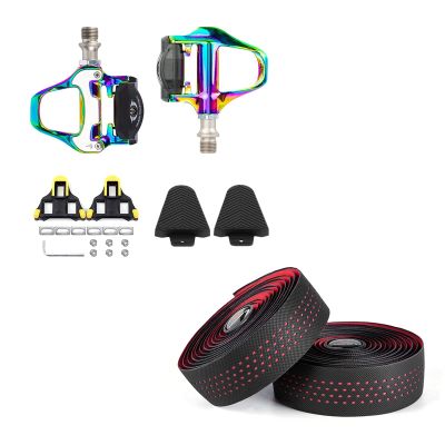 BESTYMXY Bike Pedals Road Bike Pedals+Cleat Set+Cleat Cover with Road Bike Handlebar Tapes(Red)