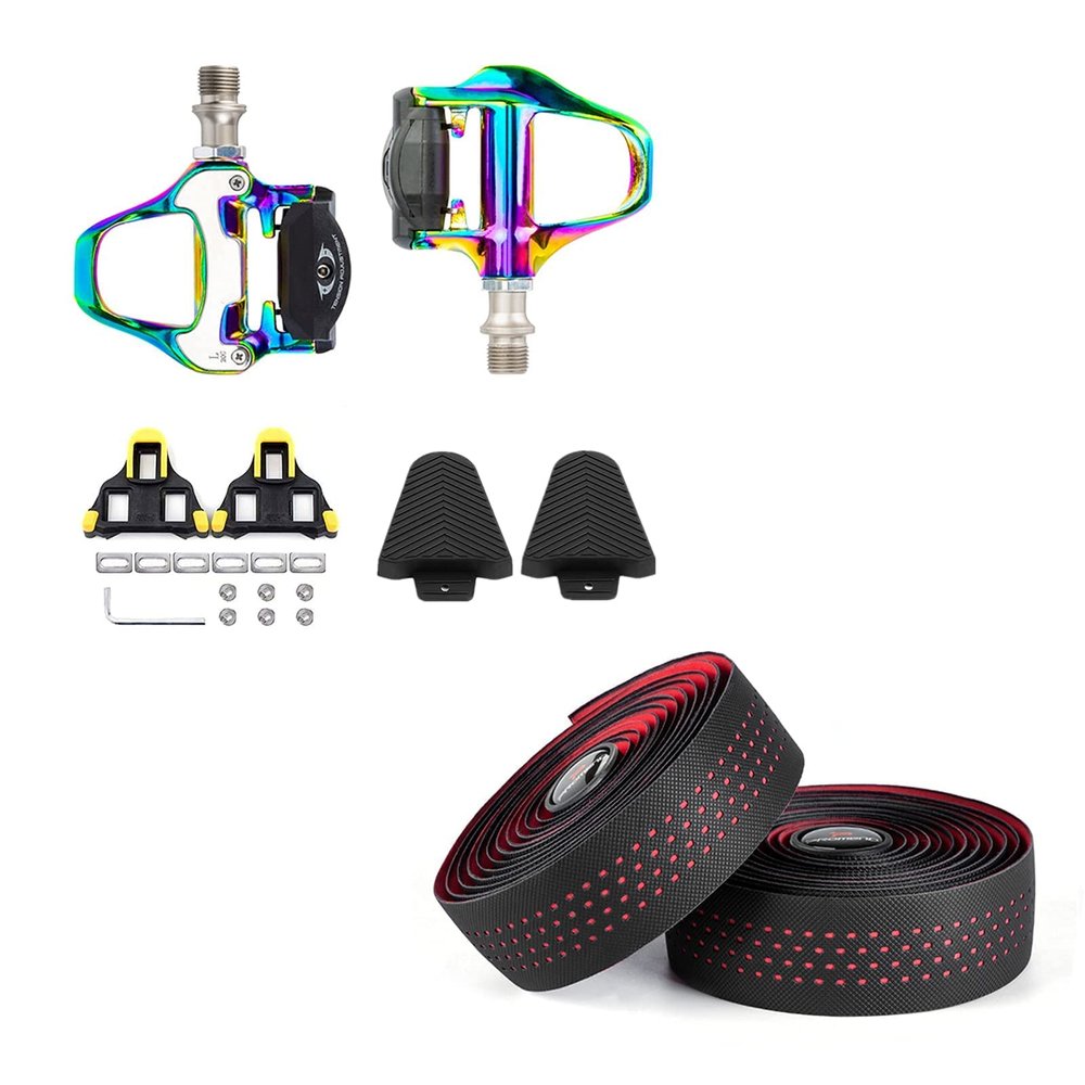 BESTYMXY Bike Pedals Road Bike Pedals+Cleat Set+Cleat Cover with Road Bike Handlebar Tapes(Red)