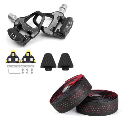 BESTYMXY Bike Pedals Ultralight Road Bike Pedals+Cleat Set+Cleat Cover with Road Bike Handlebar Tapes(Red)