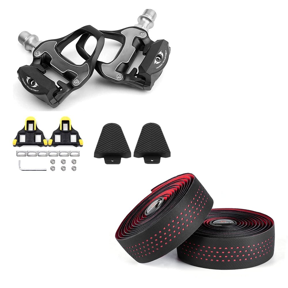 BESTYMXY Bike Pedals Ultralight Road Bike Pedals+Cleat Set+Cleat Cover with Road Bike Handlebar Tapes(Red)