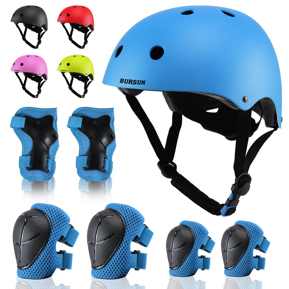 BURSUN Kids Bike Helmet Set Toddler Helmet Kids Helmet Adjustable for Ages 2-3-5-8-14 with Knee Elbow Wrist Pads, Multi-Sport Protective Gear for Cycling Skateboard Scooter Skating Boys Girls