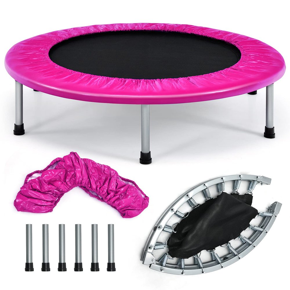 GYMAX Rebounder Trampoline for Adults, Mini Exercise Trampoline with Safety Pad, Foldable Rebounding Fitness Trampoline for Indoor/Outdoor, Small Workout Trampoline for Adults (Pink)