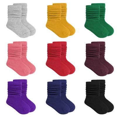 Auranso Girl Knee High Cotton Socks 9 Pairs Girls Long Crew Socks Color A 3-5 T