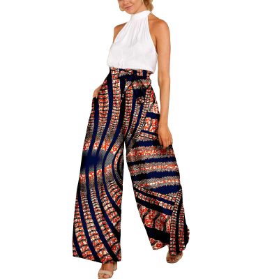 Ankara Print Pants with Bowtie African Clothes for Women Wide Leg Long Trousers Dashiki Clothing 705 L