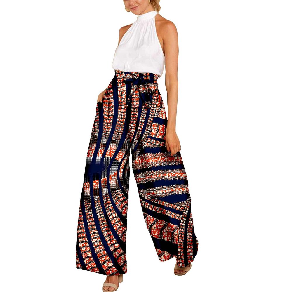 Ankara Print Pants with Bowtie African Clothes for Women Wide Leg Long Trousers Dashiki Clothing 705 L