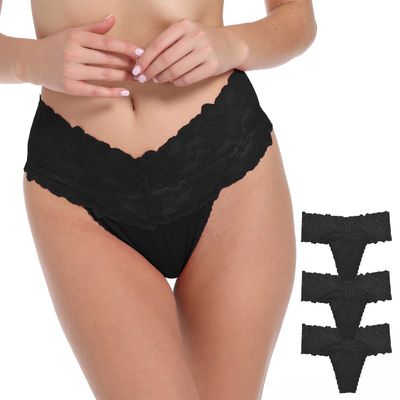 WKFIINM Pack 3 High Waisted Lace Thong for Women Cotton Underwear Plus Size High Rise Retro Tummy Control Thongs Panties