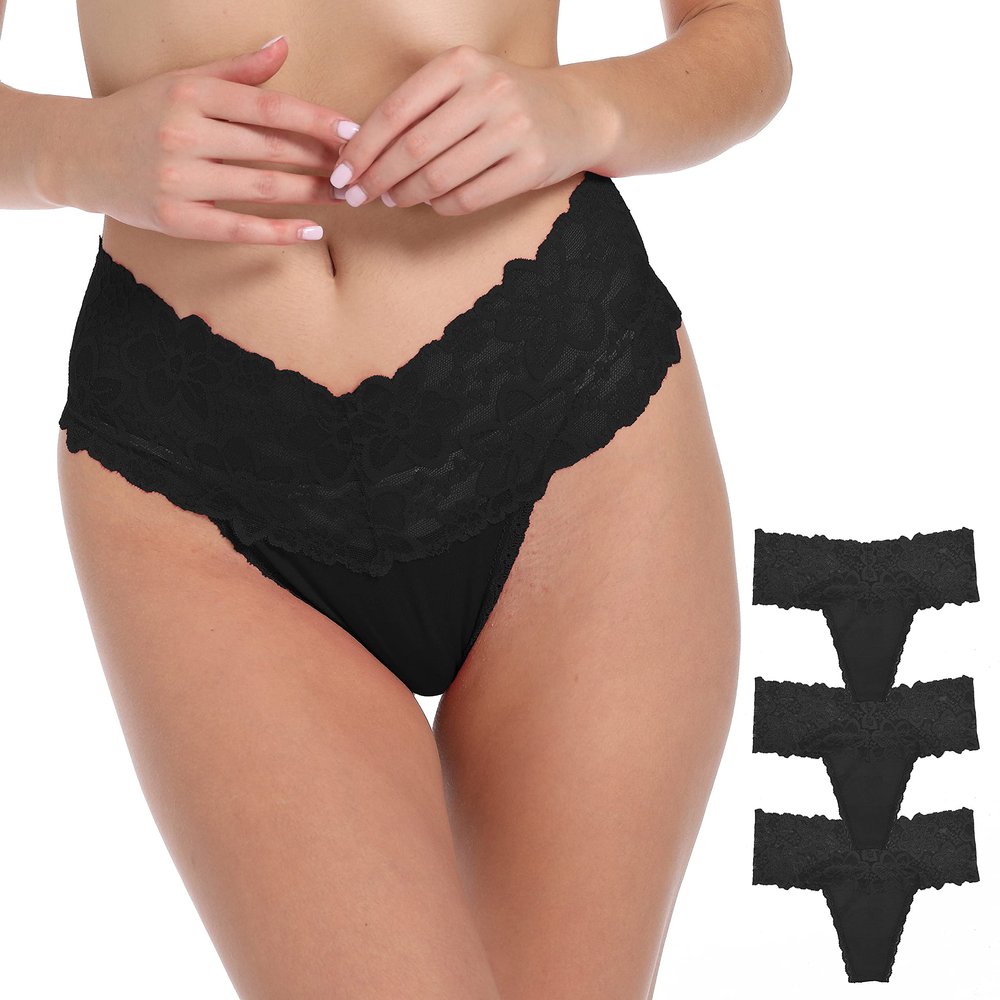 WKFIINM Pack 3 High Waisted Lace Thong for Women Cotton Underwear Plus Size High Rise Retro Tummy Control Thongs Panties