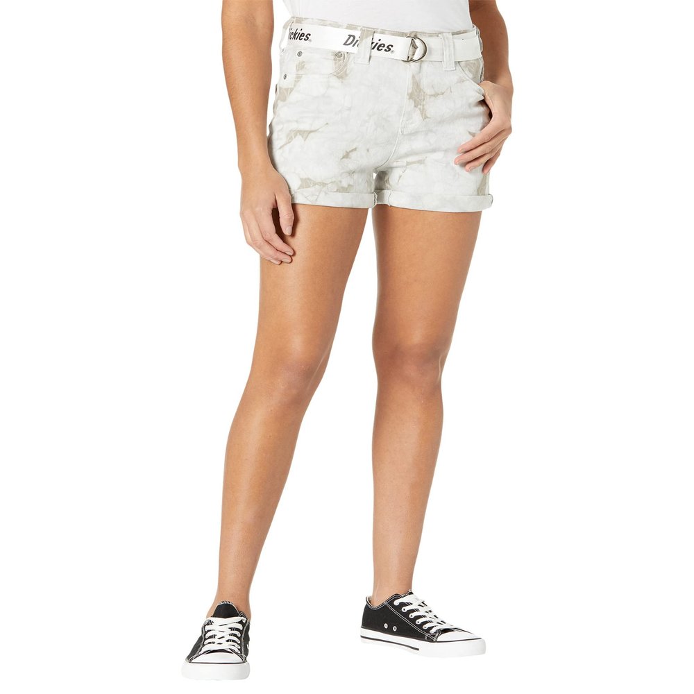 Dickies High-Rise Five-Pocket Roll Cuff & Logo Printed Web Belt Shorts Fit White/Khaki Tie-Dye 3 2.5
