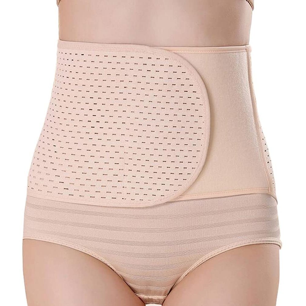 1PCS Waist Trainer Breathable Adjustable Elastic Abdominal Binder Postnatal Waist Slimming Belt Wrap Waist Trimmer Slimming Tummy Stomach Sweat Wraps for Women (L-Beige)
