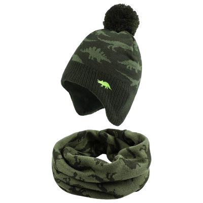 JANGANNSA Knitted Baby Hat Scarf Set Winter Warm Boys Girls Beanie Fleece Lining Toddler Kids Hats with Pompom (Olive Green(Hat+Scarf), 8-24 Months