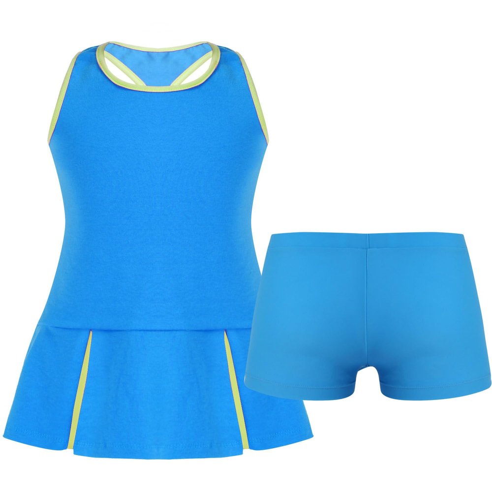 Loodgao Kids Girls Pleated Tennis Golf Dress Workout Outfits Solid Color Sleeveless Sports Dress with Shorts Blue 12 Years