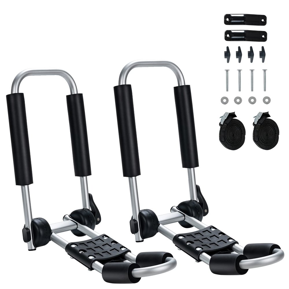 Goplus Kayak Roof Rack, 2 Pcs Folding J Bar Kayak Mount Rack for SUV Truck Car Crossbar, Include Ratchet Straps, Protective Foam Pad, Adjustable Universal Kayak Carrier for Canoe SUP Boat (Unilateral)