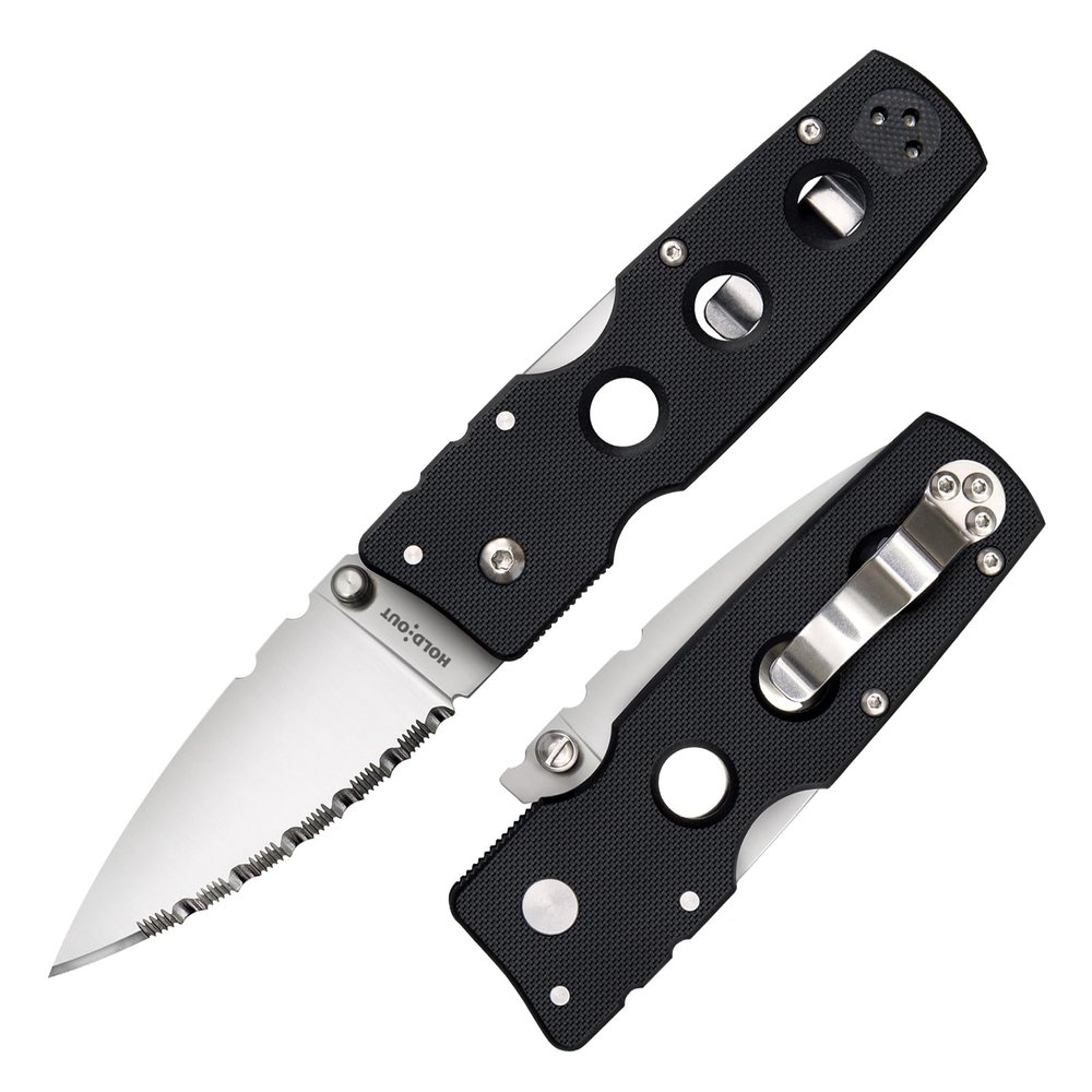 Cold Steel Hold Out 3" S35VN Serrated Blade 4" G-10 Handle Everyday Carry Pocket Folding Knife w/Tri-Ad Lock, Pocket Clip