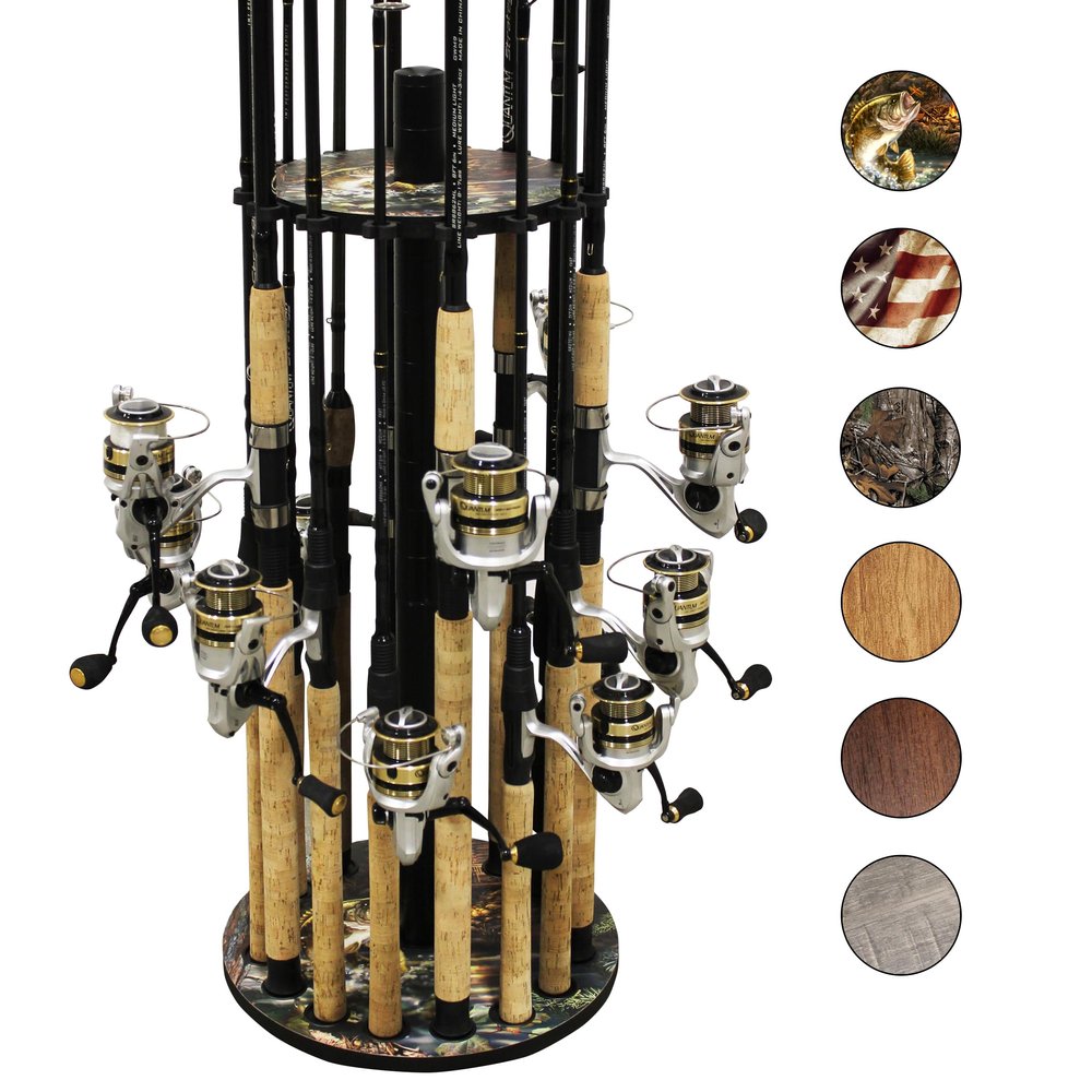 Rush Creek Creations 16-Rod Round Fishing Rod Holder for Garage, 360 Access Fishing Pole Holder for Rods, Reels, Gear, Accessories, and Tackle Box, Securely Holds 16 Rods, Bass