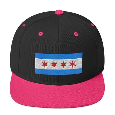 Chicago Flag Embroidered Snapback Hat Cap Clothing, Chicago is Home Illinois Hat Black/Neon Pink