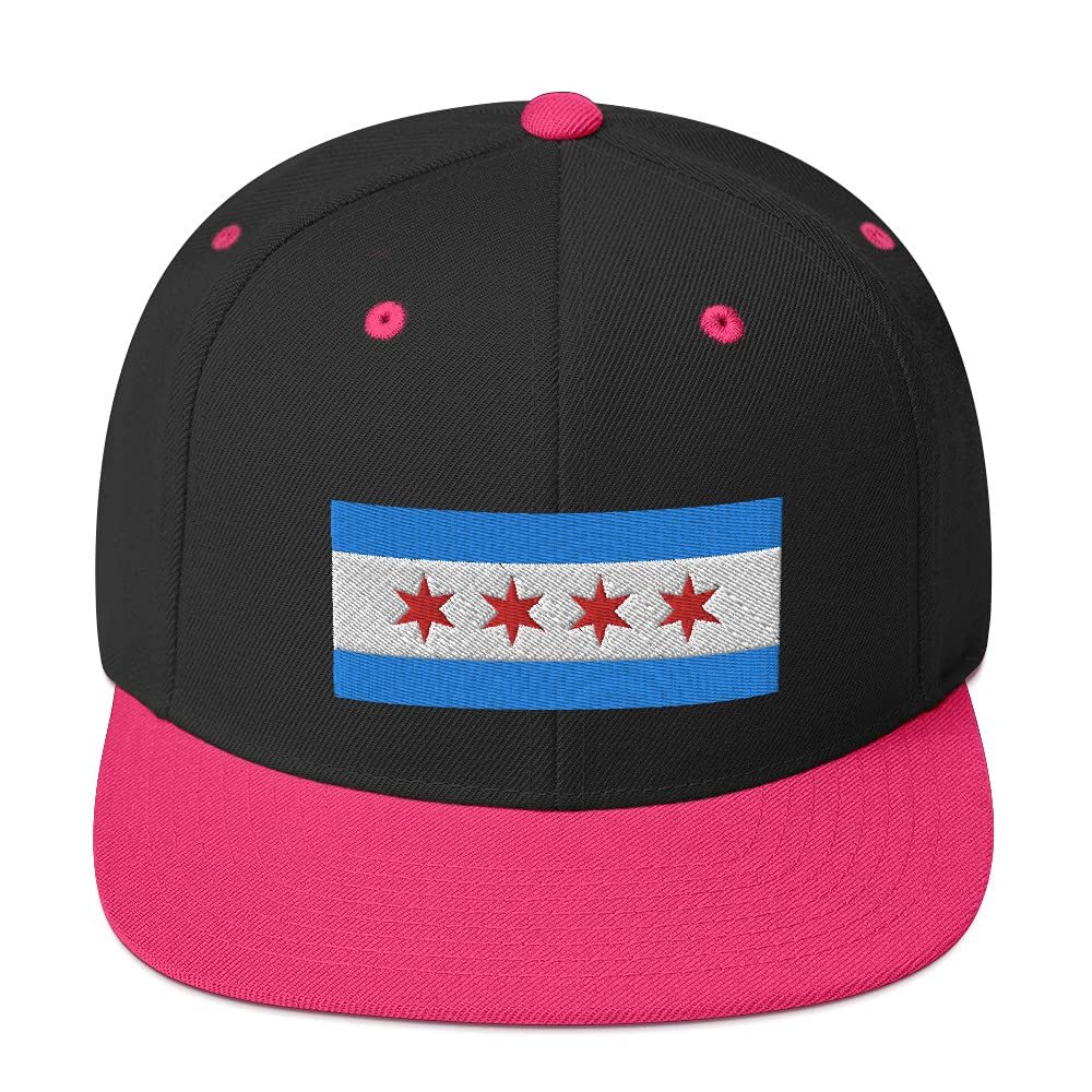Chicago Flag Embroidered Snapback Hat Cap Clothing, Chicago is Home Illinois Hat Black/Neon Pink