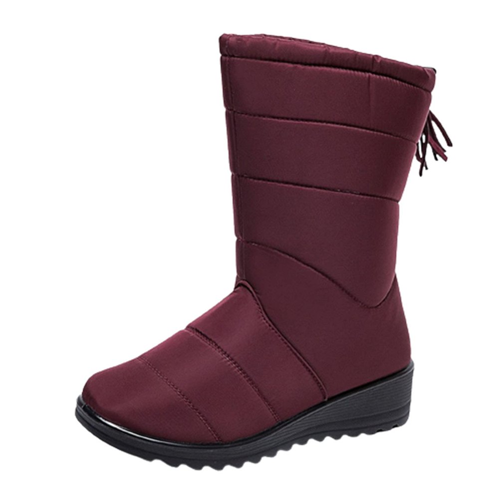 oiangi Snow Boots for Women Winter High Tube Fringed Round Toe Warm Waterproof Cloth Mid-Calf Boot Comfortable Stretch Slip-On Wedges Casual Shoes