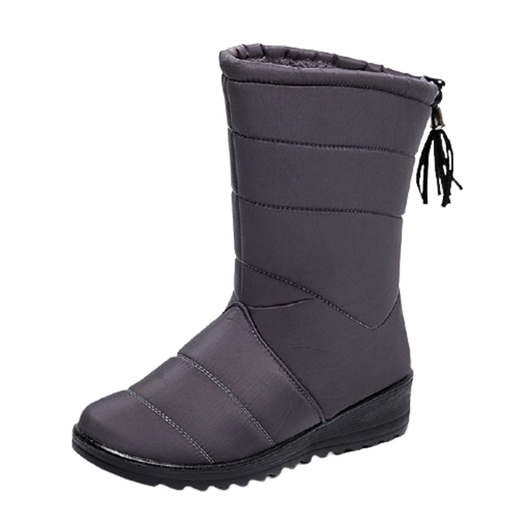 oiangi Snow Boots for Women Winter High Tube Fringed Round Toe Warm Waterproof Cloth Mid-Calf Boot Comfortable Stretch Slip-On Wedges Casual Shoes