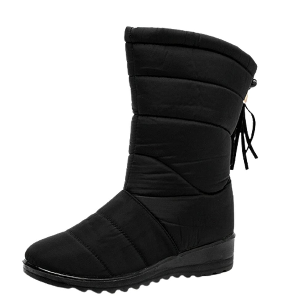 oiangi Snow Boots for Women Winter High Tube Fringed Round Toe Warm Waterproof Cloth Mid-Calf Boot Comfortable Stretch Slip-On Wedges Casual Shoes