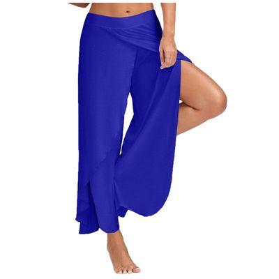 AKIWOS Split Yoga Pants Flowy Plus Size,High Slit Harem Pants Wide Leg Pants Women Casual Summer Long Loose Yoga Pants Blue X-Large