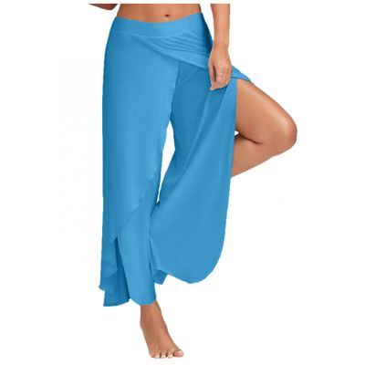 AKIWOS Split Yoga Pants Flowy Plus Size,High Slit Harem Pants Wide Leg Pants Women Casual Summer Long Loose Yoga Pants Sky Blue