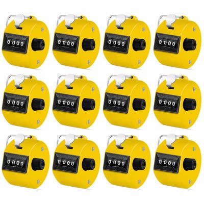 Eliamo 12 Pcs Hand Tally Counter 4-Digit Lap Counter Clicker, Manual Mechanical Handheld Pitch Click Counter with Finger Ring for School Golf & Knitting Row Croche, Yellow