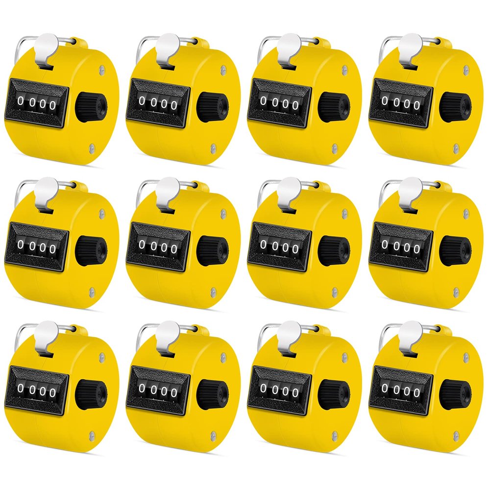 Eliamo 12 Pcs Hand Tally Counter 4-Digit Lap Counter Clicker, Manual Mechanical Handheld Pitch Click Counter with Finger Ring for School Golf & Knitting Row Croche, Yellow