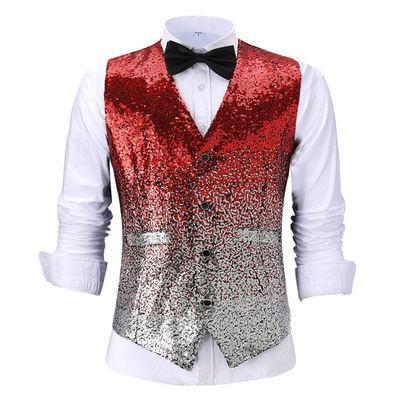 HSLS Men's Suit Vest Sequin Gradient Color Evening Party Waistcoat Fashion(3X-Large, Red-Silver)