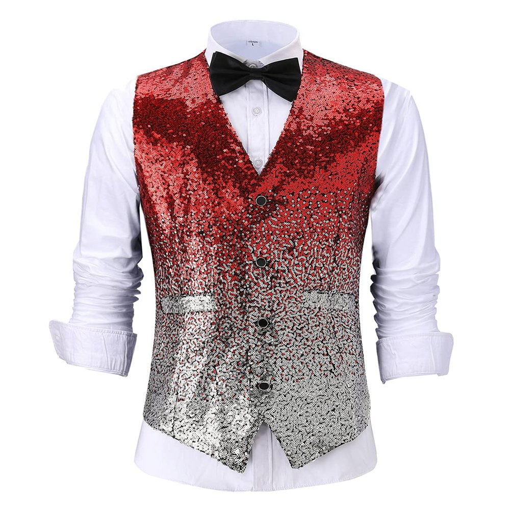 HSLS Men's Suit Vest Sequin Gradient Color Evening Party Waistcoat Fashion(3X-Large, Red-Silver)