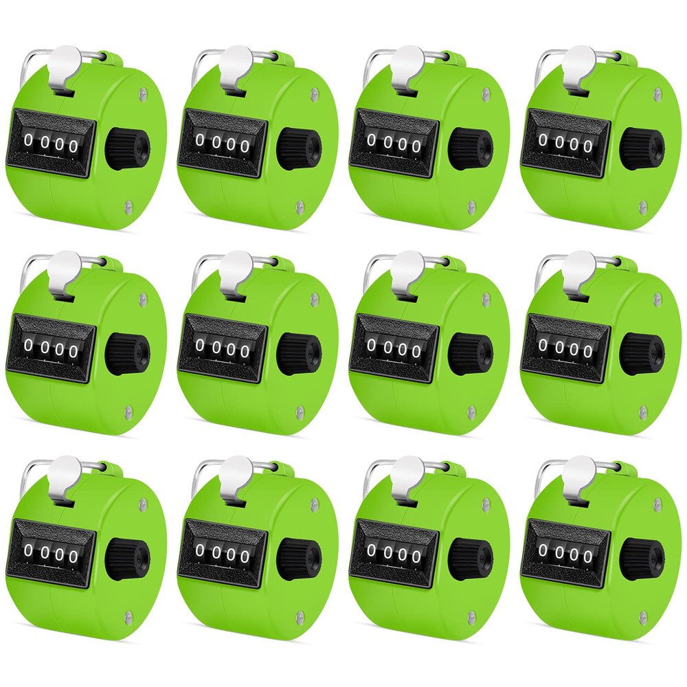Eliamo 12 Pcs Hand Tally Counter 4-Digit Lap Counter Clicker, Manual Mechanical Handheld Pitch Click Counter with Finger Ring for School Golf & Knitting Row Croche, Green