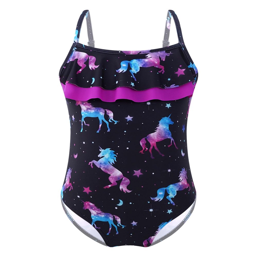 Kaerm Kids Girls One Piece Ruffled Rash Guard Monokini Swimwear Cartoon Swimming Camisole Bodysuit Black Horse 6 Years