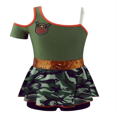 FEESHOW 2PCS Girls Camouflage T-shirt with Shorts Tankini Set for Sports Gym Leotard Yoga Dancewear Swimwear Army Green 6 Years
