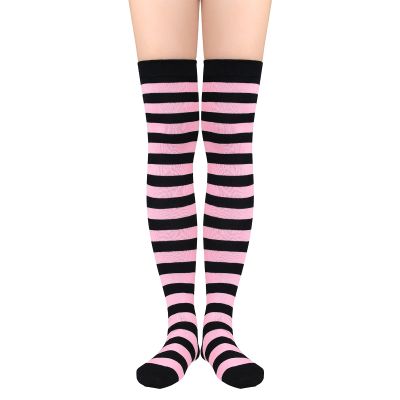 Thigh High Socks for Women Leg Warmers Rainbow Socks Casual Over Knee Socks Striped Stockings Cosplay 1 Pack Pink Black