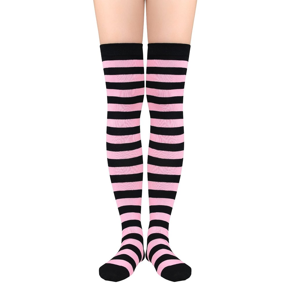 Thigh High Socks for Women Leg Warmers Rainbow Socks Casual Over Knee Socks Striped Stockings Cosplay 1 Pack Pink Black