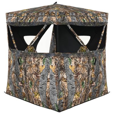 GYMAX Hunting Blind, 3 Person Pop Up See Through Silent Sliding Ground Blind with Carrying Bag, Camouflage Waterproof Deer Hunting Blind Tent