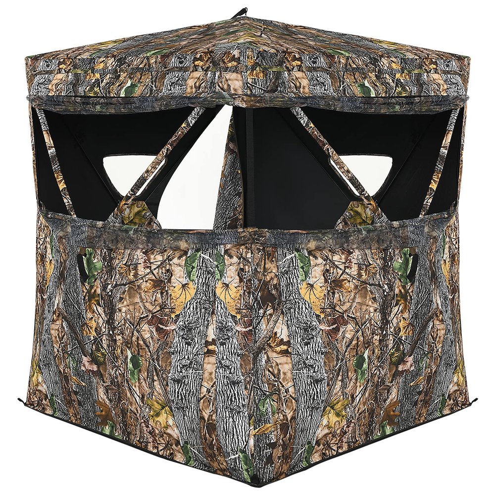 GYMAX Hunting Blind, 3 Person Pop Up See Through Silent Sliding Ground Blind with Carrying Bag, Camouflage Waterproof Deer Hunting Blind Tent
