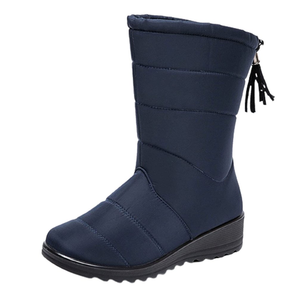 oiangi Snow Boots for Women Winter High Tube Fringed Round Toe Warm Waterproof Cloth Mid-Calf Boot Comfortable Stretch Slip-On Wedges Casual Shoes