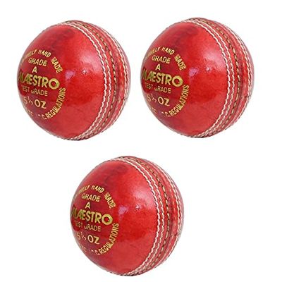 CW Maestro Red Cricket Ball 4Piece Cork Balls Cricket Set Pack of 12 Seasoned Cricket Leather Ball Youth - Adult Weight 156gm
