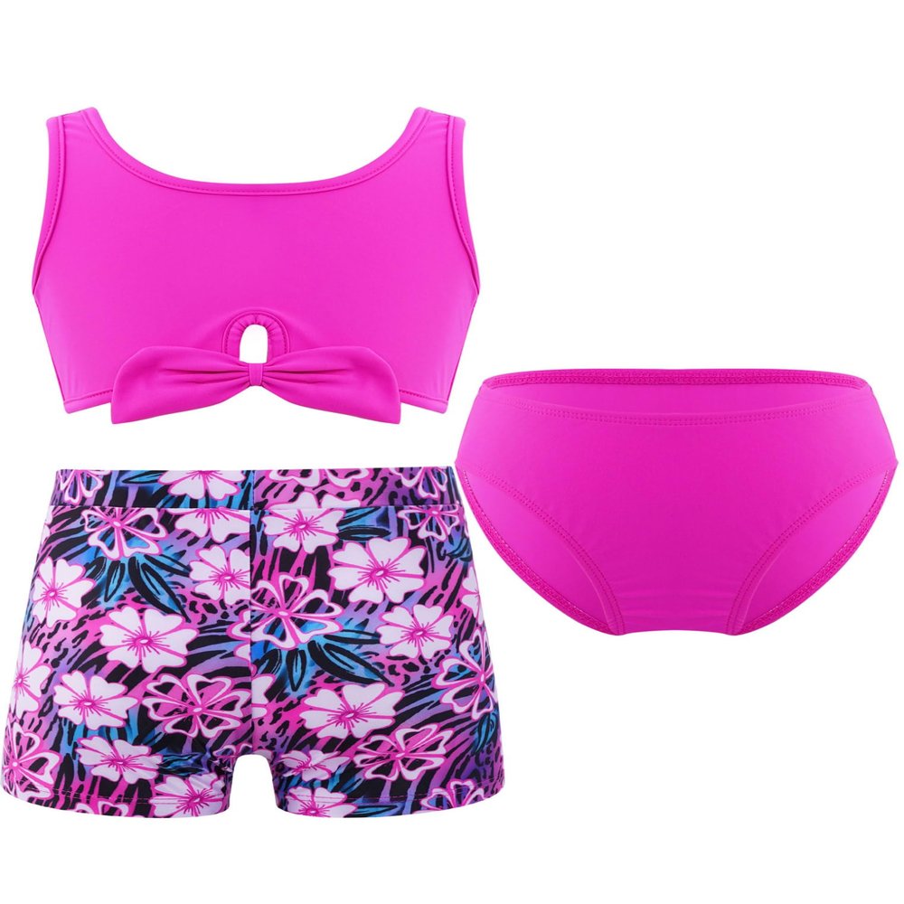 Kaerm Kids Girls Sport Athletic Bikini Tankini Swimsuit Rash Guard Swimwear Booty Shorts Bathing Suit Rose Red Floral 10 Years
