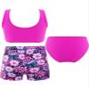 Kaerm Kids Girls Sport Athletic Bikini Tankini Swimsuit Rash Guard Swimwear Booty Shorts Bathing Suit Rose Red Floral 10 Years view 2
