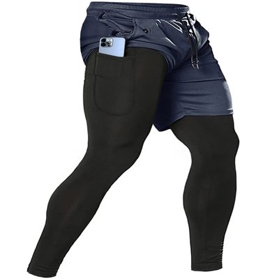 Aolesy Men's 2 in 1 Running Pants, Gym Workout Compression Pants for Men Training Athletic Pants Navyblue
